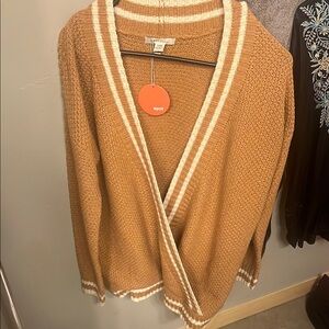 Cozy Casual Tan Cardigan with Sporty Stripes